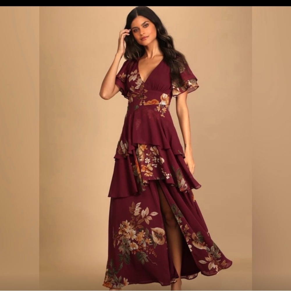 Lulu's Burgundy Floral Ruffled Maxi Dress